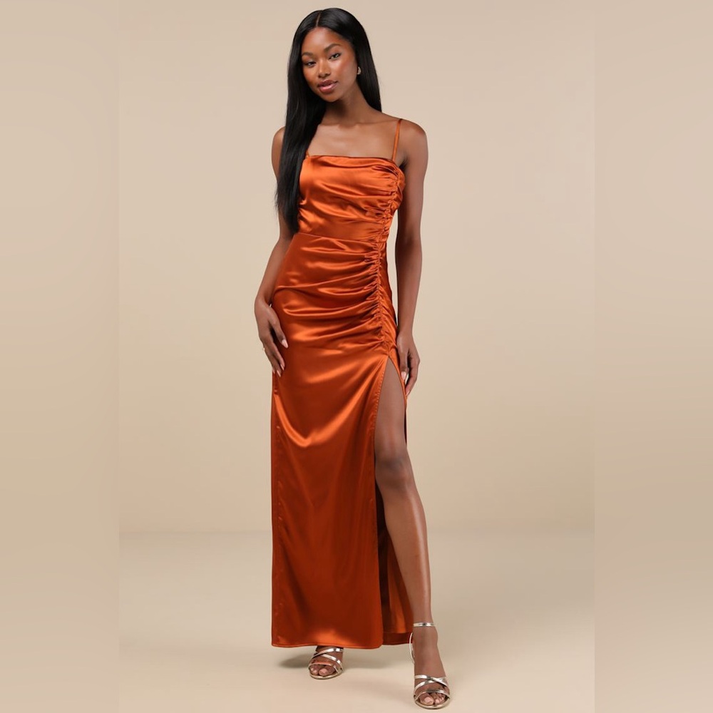 Lulu’s Copper Satin Ruched Maxi Dress L High Slit Formal Wedding Guest NWOT
